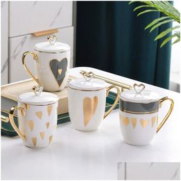 Mugs Ups Pretty Heart Mug With Lid Porcelain Gold Decoration Cute Coffee Tea Milk Cup Office Drinkware Birthday Gfit For Her Mom Drop Dhxcl