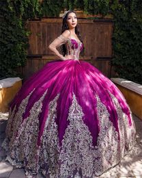Luxurious Mexican Quinceanera Dresses Ball Gown 2024 Beaded Off Shoulder Long Sleeves Champagne Gold Lace Appliques Sweet 16 Dress Lace-Up Vestidos De 15 Anos