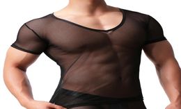 Sexy Men Mesh Transparent Undershirt Gay T Shirts See Through Nylon V Neck Breathable Short Sleeve Comfortable Vest Undershirt Mal1790043