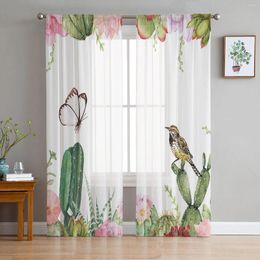 Curtain Bird Flower Succulent Butterfly White Sheer Curtains For Living Room Decoration Window Kitchen Tulle Voile