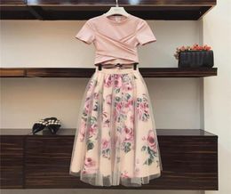 Two Piece Dress Women Print Rose Set 2021 Spring Summer Fashion Bandage Cross Cotton Blouses Tops And Long Midi Aline Skirts Suit9045941