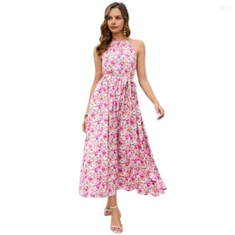 Casual Dresses Strappy Sundress Bohemian Beach Style Maxi Dress With Halter Neck Flower Print Women's Summer Sleeveless A-line For A