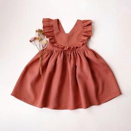 Girl Dresses Cotton Red Baby Girls Solid Colour Backless Casual Wear 2 -6Y Round Necked Wooden Ear Edge Kids Clothes