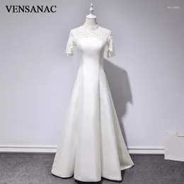 Party Dresses VENSANAC 2024 Cut Out Lace Embroidery High Neck Satin A Line Long Evening Short Sleeve Backless Prom Gowns