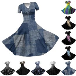 Casual Dresses 2024 Spring And Summer Women's Short-Sleeved V-Neck Printed Swing Dress Elegant Temperament Vestidos Longos