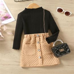 Clothing Sets 1-6 Years Kids Toddler Girls Clothes Set Baby Ruffle Long Sleeve High Neck Knit Ribbed Tops Thick Waffle Skirts Children