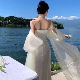 Summer Beige Strapless Backless Pleated Prom Long Women A Line Tulle Sleeves Formal Birthday Evening Party Gowns Dress New