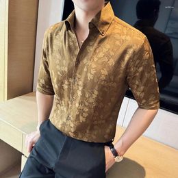 Men's Casual Shirts 2024 Summer Jacquard Half Sleeve Men V-neck Business Formal Dress Thin Social Party Streetwear