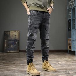 Men's Jeans American High Street Retro Wash Splash-ink Spring Fashion Brand Slim-fit Small Foot Hole Patch Straight Leg Pants