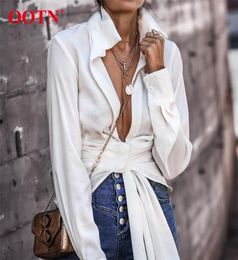 OOTN Sexy White Wrap Top Shirt Women Long Sleeve Blouse Lace Up Knot Office Ladies Blouse Autumn Winter Female Tunic Top 2009308174750