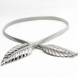 gold silvery leaf shape Wedding designer Elastic belts for women girlStretch Skinny Waist Belt Cummerbunds metal female belt9212379