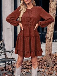 Casual Dresses Women's Summer A-Line Dress Solid Colour Swiss Dot Long Sleeve Crew Neck Waist Lace Tunic Knee Length