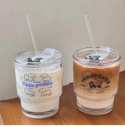 Wine Glasses 350ML Transparent Glass Cup With Lid And Straw Cartoon Dog Iced Coffee Mug Juice Milk Tea Cups Water Drinkware