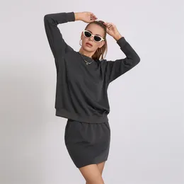 Work Dresses Puloru Women's 2 Piece Skirt Outfits Sportswear Streetwear Suits Long Sleeve Crewneck Sweatshirts Mini Solid Colour Sets