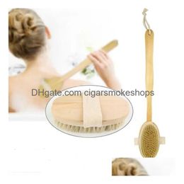 Bath Brushes, Sponges & Scrubbers Wooden Cleansing Brushes Natural Bristle Body Masr Shower Brush Long Handle Back Spa Scrubber Drop D Dh2H9