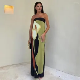 Casual Dresses Women Maxi Dress Off Shoulder Sleeveless Backless Colour Matching Print Slim Fit Straight Bandeau Anti-slip Prom Party Beach