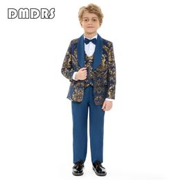 Fashionable Gold Lace Boys Suit Set 3 Pieces Kids Formal Suits Blazer Vest Pants Bow-tie Shawl Neck Children Tuxedo 3-14Y 240520
