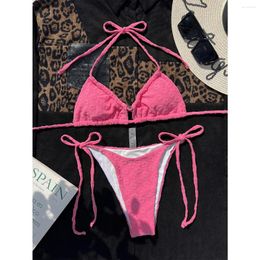 Women's Swimwear Rose Red Bikini Women 2024 Sexy Hollow Out Two Piece Swimsuit Suspender Lace-up Backless Low Waist Thong Bathing Suit