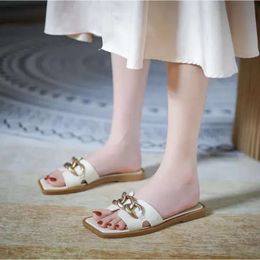 Scuffs open Women Genuine Leather Slippers vintage Fashion flat heel Metal buckle square toes outdoors Sandals 0ca