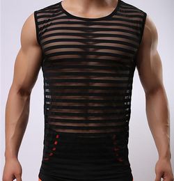 Men Sexy Men Stripe See Through Silk Undershirts Erotic Gay Tank Tops Underwear Stripe Transparent Mesh Shirts Tank Undershirts9860388