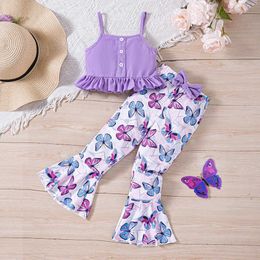 Clothing Sets Girls Summer New Knitted Ruffle Edge camisole vest+Butterfly printed trumpet pants casual two-piece set Y240520PD0E