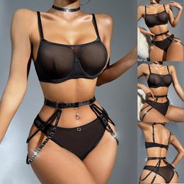 Bras Sets Ultra Thin Mesh Lingeries Women's Push Up Wrapped Black Bra Thongs With Garters Sexy Women Transparent Erotic Lenceria