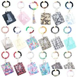 Party Favour Fashion Pu Leather Bracelet Wallet Keychain Bangle Key Ring Holder Card Bag Sile Beaded Wristlet Handbag Women Wrist Car R Dhdoq