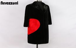 Nerazzurri winter black long faux fur coat with red love hearts long sleeve notched lapel plus size warm fluffy jacket 5xl 6xl Y209428962