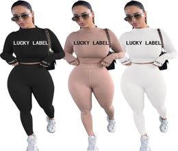 Autumn Tight Solid Colour Lucky Label Suit Long Sleeve Breathable Two Piece Set European and American Fashion Women s Clothing LJ202775938