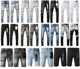 Lila varumärke jeans män lila jeans sommar knä lengh jeans med hål casual rak jean broderi lila jean mager denim byxor för män