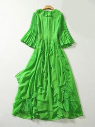 Casual Dresses Autumn Fashion Ruffles Lace Patchwork Long For Women 2024 Designer Chiffon Holiday Vestidos Green Black Boho Robe