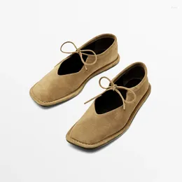 Casual Shoes 2024 Summer Retro Lace-up Loafers Women's Flats British Style Square Toe Suede Ballet Zapatillas Mujer