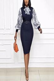 Casual Dresses African Fashion Women Office Style Dot Patchwork Bow High Waist Bodycon Mid Calf Elegant Business Work Wear Vestido1341272