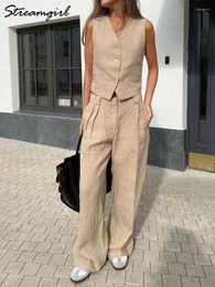 Women's Two Piece Pants Summer Suit Cotton Linen Vest And Sets Women Office 2 Pieces Sleeveless Set For