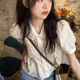 Women's Blouses Ruffles Shirts And Korea Short Sleeve Top Women 2024 Summerpeter Pan Collar Sweet Cute Elegant Solid Clothes