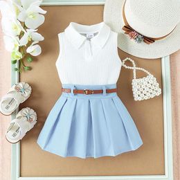 Clothing Sets 1-5Y Kids Girls Summer Clothes Set Baby Solid Color Turn-down Collar Tank Top With Pleated Skirt And Belt Children Outfits
