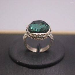 Cluster Rings Real Solid 925 Sterling Silver Band Women Lucky Carved Pattern Green Crystal Ring