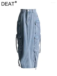 Skirts Women's Denim Skirt High Waist Multiple Pockets Solid Colour Patchwork Cargo Long 2024 Summer Fashion 29L6686