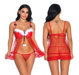 Women Fly Away Front Festive Red Dots Mesh Babydoll Christmas Holiday Chemise with White Fuzzy Trim and Layered Lace Hem Sexy Ling1172416