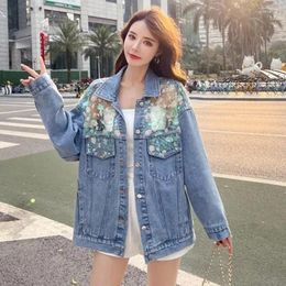 Women's Jackets 2024 Spring Autumn Sequins Lace Splicing Denim Coat Women Mesh Hollow Jean Female Oversize Loose Streetwear Outerwear