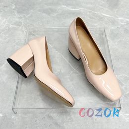 Dress Shoes Summer Shiny Pink Patent Leather Square Toe Thick-heel High Heel Pumps Simple Women's Formal