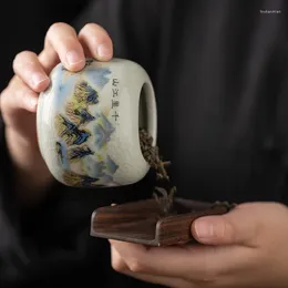 Storage Bottles 1pcs Ruyao Tea Pot Imitation Hand-painted Trumpet Pu 'er Loose Ceramic Landscape