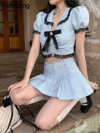 Work Dresses Korea Sweet Two Piece Mini Skirts Sets Summer Kawaii Lace Bow Crop Top Pleated Hight Waist Skirt Outfits Women Preppy Style