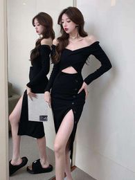 V-neck Elegant Black Side Split Long Sleeve Evening Party Dress Female Sexy Autumn Winter Dresses Sundress New