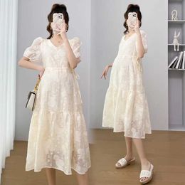 Maternity Dresses Pregnant Women Summer Dress Pregnant Women V-neck Puff Sleeves Korean Fashion Brushed Lace Pregnant Womens Dress 2024 New Edition d240520