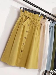 Skirts Summer Autumn Womens Midi Knee Length Korean Elegant Button High Waist Skirt Female Pleated School