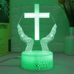 Lamps Shades New Jesus Cross 3D LED Night Light for Friends Xmas Easter Room Decor Gifts Crucifix Optical Illusion Desk Table Lamp Nightlight Y240520D6W4