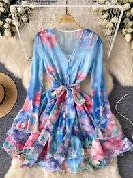 Casual Dresses Summer Holiday Double Layer Ruffles Cake Flower Dress Women's V Neck Long Flare Sleeve Floral Print Lace Up Chiffon Vestidos