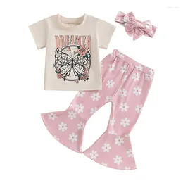 Clothing Sets Bmnmsl Baby Girls 3Pcs Summer Outfits Short Sleeve Butterfly Print Tops Flare Pants Headband Set Toddler Clothes