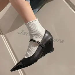 Dress Shoes Korean Style Mixed Colours Pointed Toe Wedge Heel Women Buckles Shallow High Heeled Mary Jane Lady Comfort Pumps